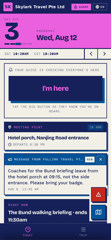 Pinned meeting-point broadcast with a one-tap I'm here check-in
